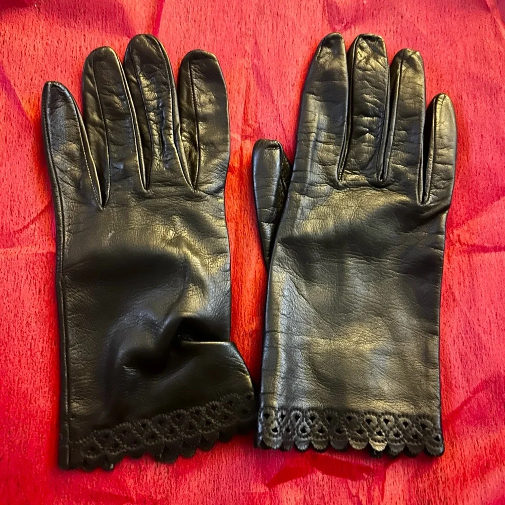 Vintage Elegant Black Leather Gloves with Lace Laser Cut Out Trim Cuffs